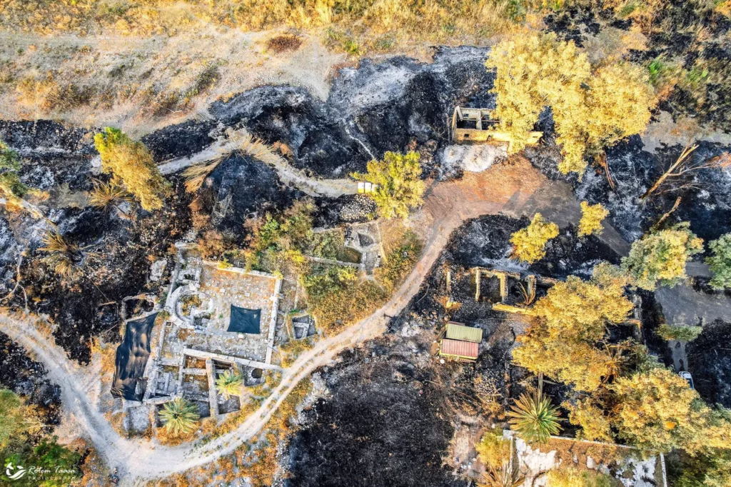 The early Byzantine church is located at the lower left of the image; the wildfire approached the structure but did not penetrate its perimeter. Credit: Rotem Taasa