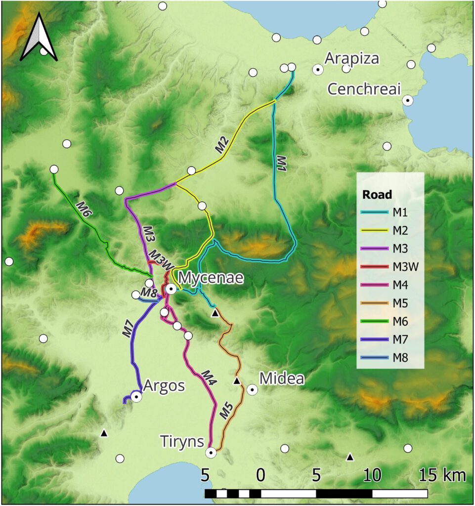 
Map of the Argolid showing Lavery’s proposed Mycenaean ‘M-ways’. Seven major routes (M1–M7) radiate from Mycenae, connecting key sites such as Corinth (M1), Kleones (M2), Nemea (M3), Tiryns (M4), Aidonia (M6), and Argos (M7). Smaller ‘m-ways’, such as m5 linking Midea to Tiryns, connect these main routes. Credit: Nuttall, C., & Kovačević, J. (2025).