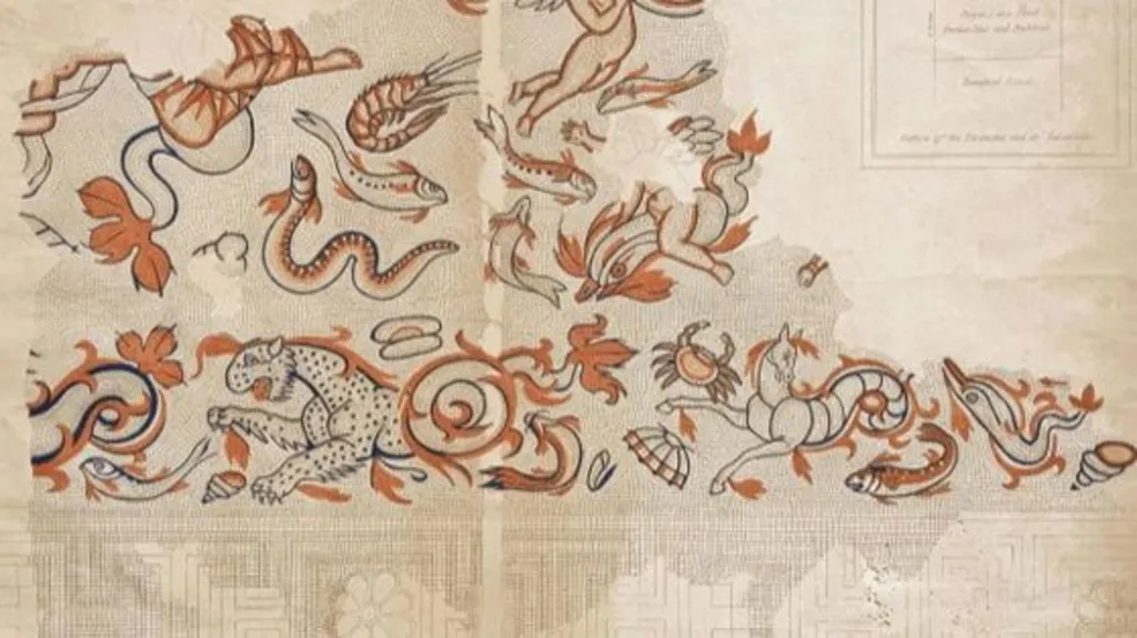 Historic drawing of the lost Roman Sea-Life Mosaic discovered in Cirencester in 1783