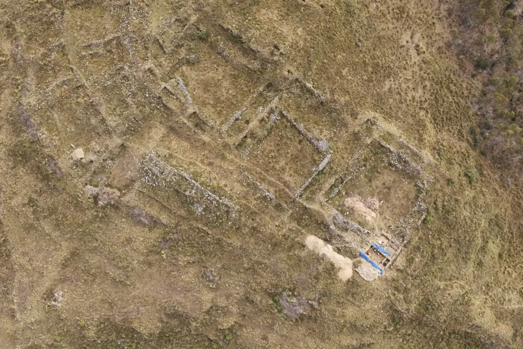 Aerial view of archaeological structures at the Wancasanga site in Peru’s northern Andes.