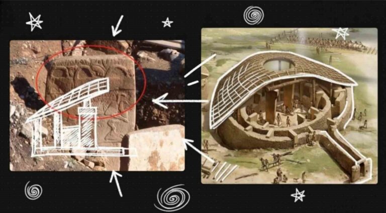 Conceptual comparison of Pillar 43 symbols with a reconstructed roofed enclosure at Göbekli Tepe
