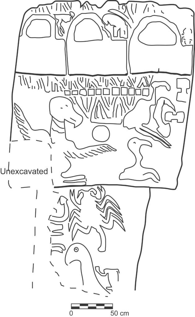 Archaeological drawing of Pillar 43 showing three box-like symbols above vultures and other animals