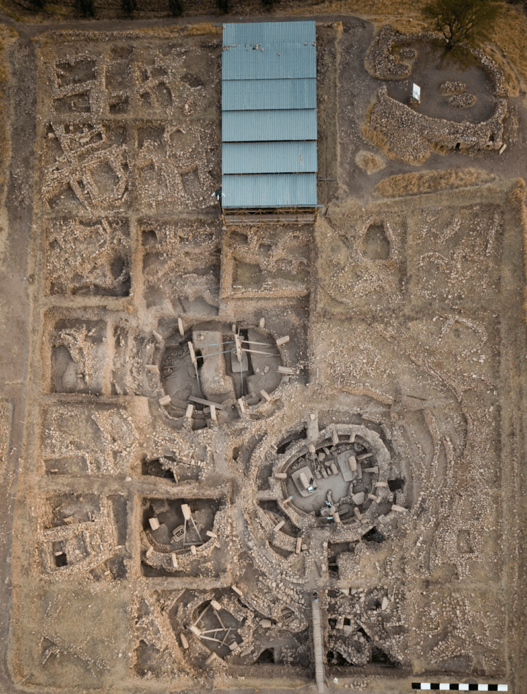 Aerial view of Göbekli Tepe’s circular monumental buildings and surrounding excavations
