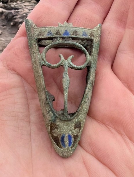 Enamelled copper-alloy Roman sword scabbard chape found in a second-century context at Vindolanda