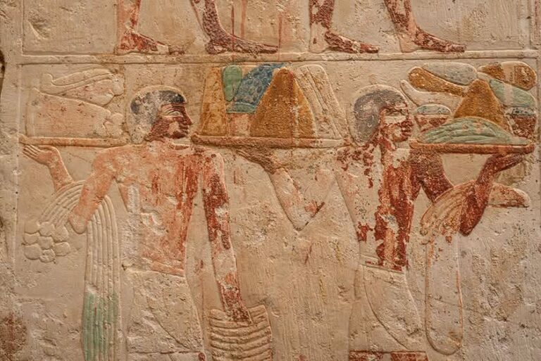 Colored relief of offering bearers inside Yunmin’s funerary chapel at Saqqara