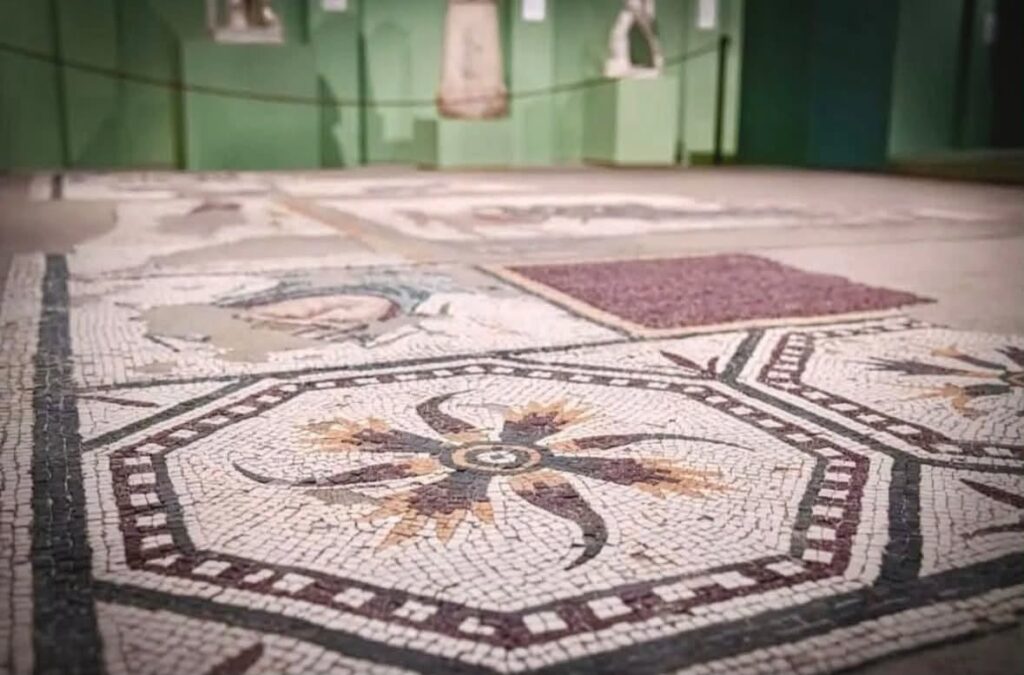 Ancient Roman mosaic displayed on the floor of the Centrale Montemartini in Rome