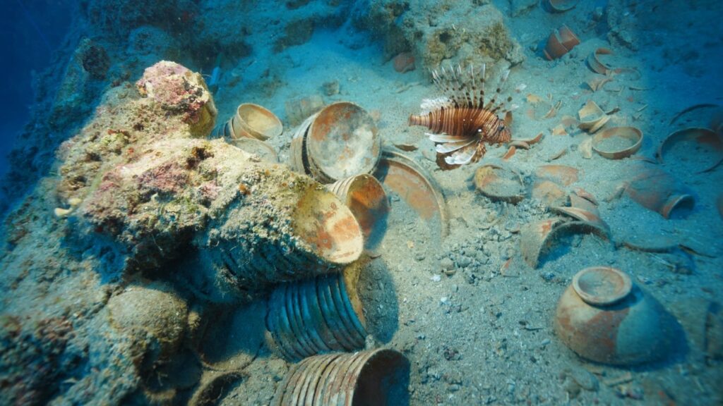Ancient ceramic vessels scattered across the seabed at the Adrasan shipwreck.