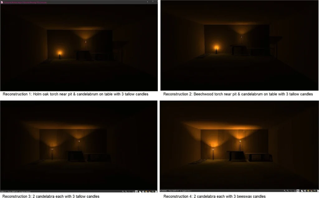 Four lighting reconstructions showing how candles and torches may have illuminated an Etruscan tomb