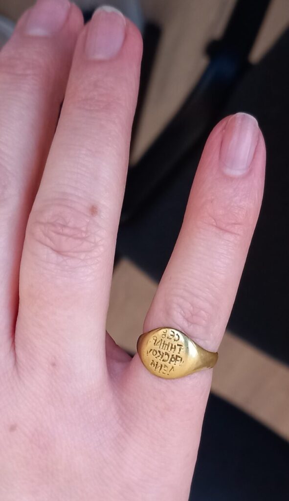 Maria Skulena’s medieval Byzantine gold seal ring displayed on a modern woman’s finger.