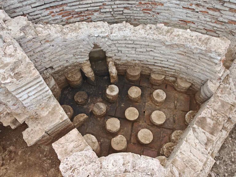 Preserved hypocaust heating system with circular pilae in the Roman imperial bath at Vrelo–Šarkamen