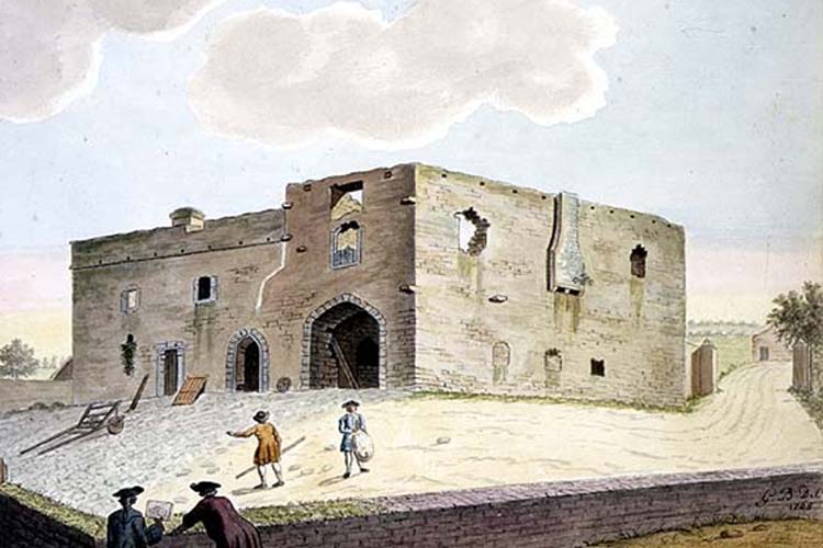 Gabriel Beranger’s 1765 watercolor depicting the ruined medieval Roebuck Castle in Dublin.