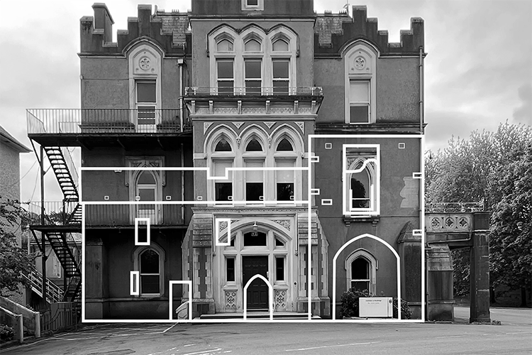 Outline of the medieval Roebuck Castle superimposed on the facade of the present Victorian building.