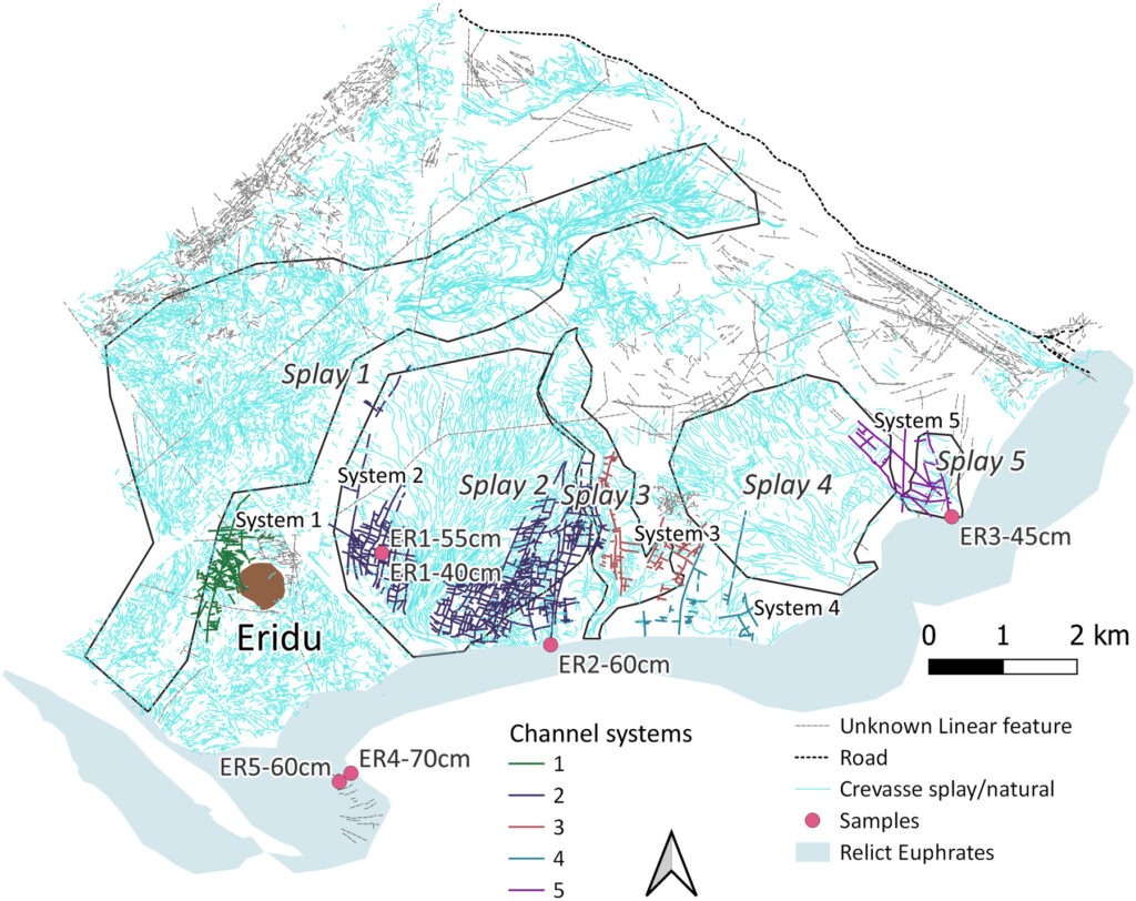 Map showing five ancient canal systems and sampling locations around Eridu.