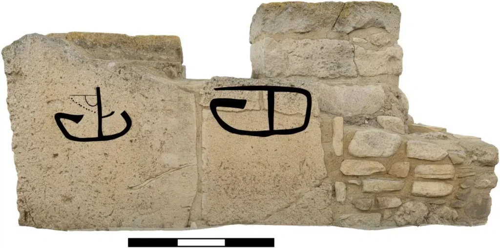 Photogrammetric model showing two outlined ship carvings on the Temple 4 altar at Kition Kathari, Cyprus.