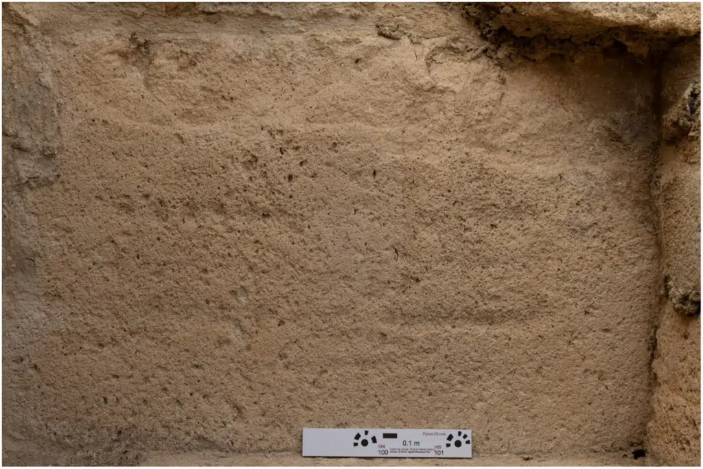 Faint ship carvings visible on sandstone repair block T1.8 at Kition Kathari.