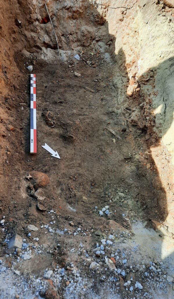 Human remains exposed in an archaeological test pit at the Vlasmarkt in Ghent, Belgium.