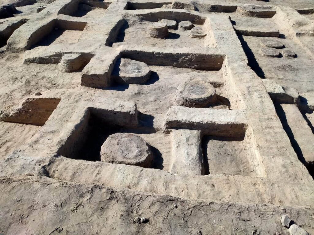 Excavated mud-brick rooms and circular ovens inside the ancient Egyptian fortress of Tell el-Abqain.