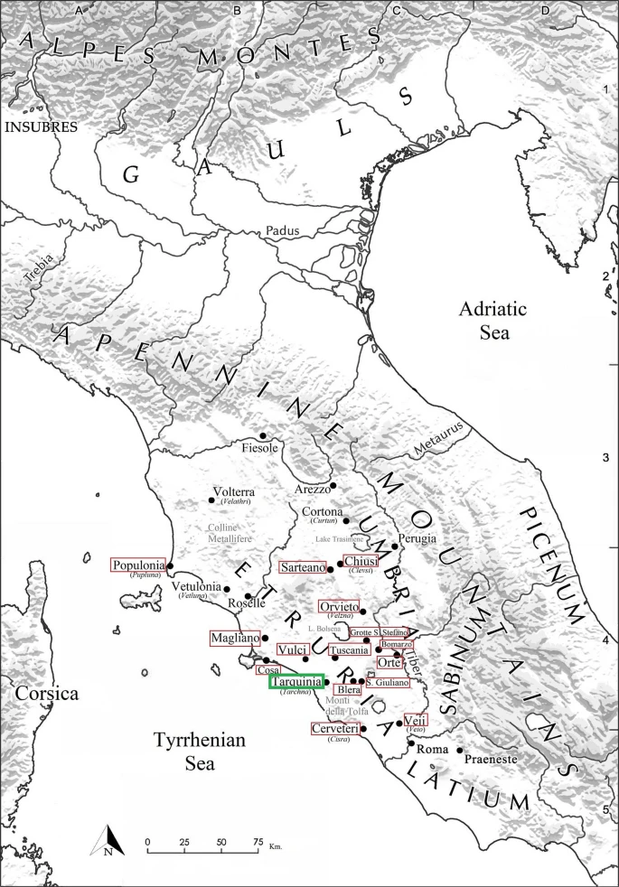 Map of central Italy showing Tarquinia and other sites with painted Etruscan tombs