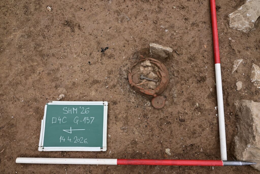 Ceramic urn containing cremated remains in Grave 137 at Salona’s western necropolis
