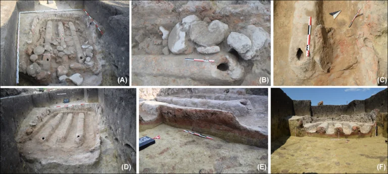 Multi-panel image showing the excavated Ursoaia kiln, including its lower chamber, structural details and cross-sections of the firing channels and supports.