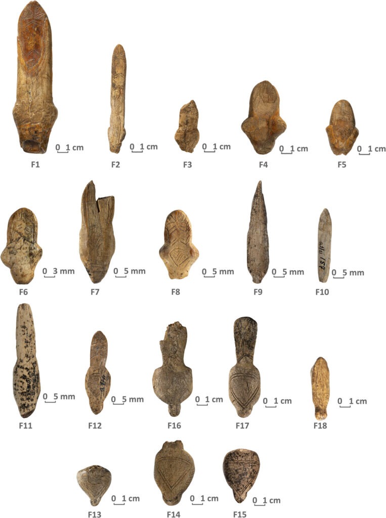 Eighteen engraved mammoth-ivory figurines from the Upper Paleolithic site of Mizyn in Ukraine.