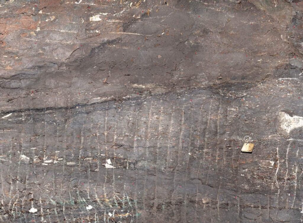 Compacted layers of Iron Age mining waste preserved inside the Hallstatt salt mine.