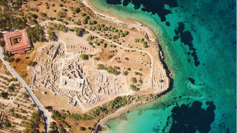 Aerial view of the coastal archaeological site of Kolona on Aegina