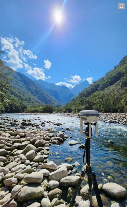 RTK surveying station beside the Urubamba River near Machu Picchu
