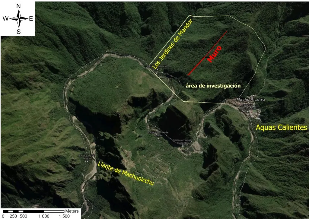Map locating the Mandor research area across the river from Machu Picchu