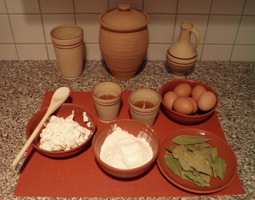 Ancient Greek cheesecake tradition represented by the ingredients used to make Roman libum