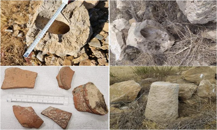 Stone mortars, pottery fragments and worked stones found at the proposed Myriokephalon Castle site.