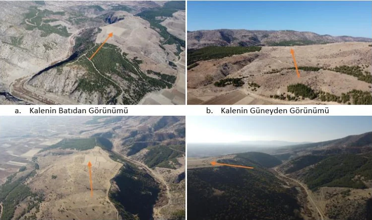 Four aerial views of the fortified hilltop settlement proposed as Myriokephalon Castle.