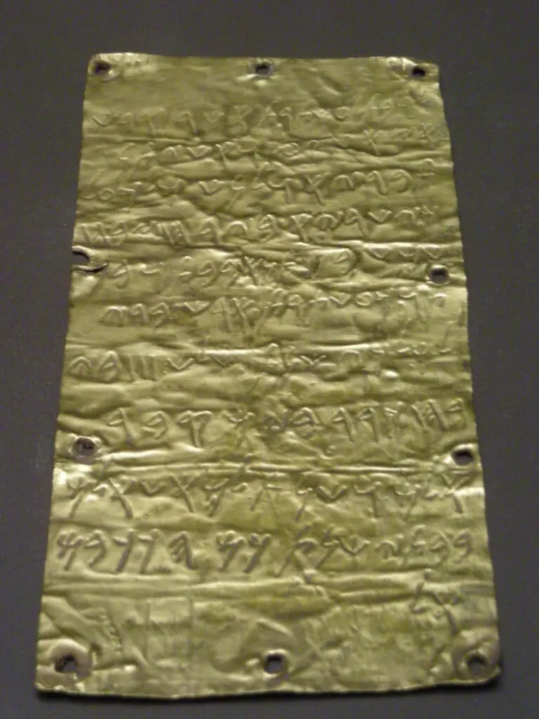 Ancient gold tablet from Pyrgi bearing an inscription associated with the Etruscan goddess Uni and the Phoenician goddess Astarte.