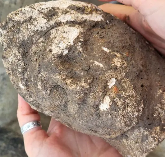 Excavated sculpted head identified as Mithras, held in two hands.