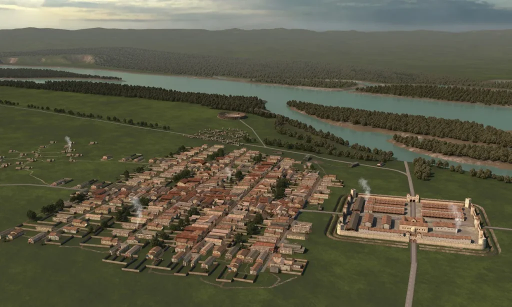 Digital reconstruction of Roman Lauriacum beside the Danube, showing streets, buildings and a large military complex.