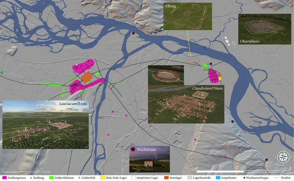Map of Roman settlements, camps, watchtowers and burial grounds around Stein and Lauriacum.
