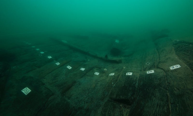Preserved wooden hull of Ship 17 on the seabed at Thonis-Heracleion