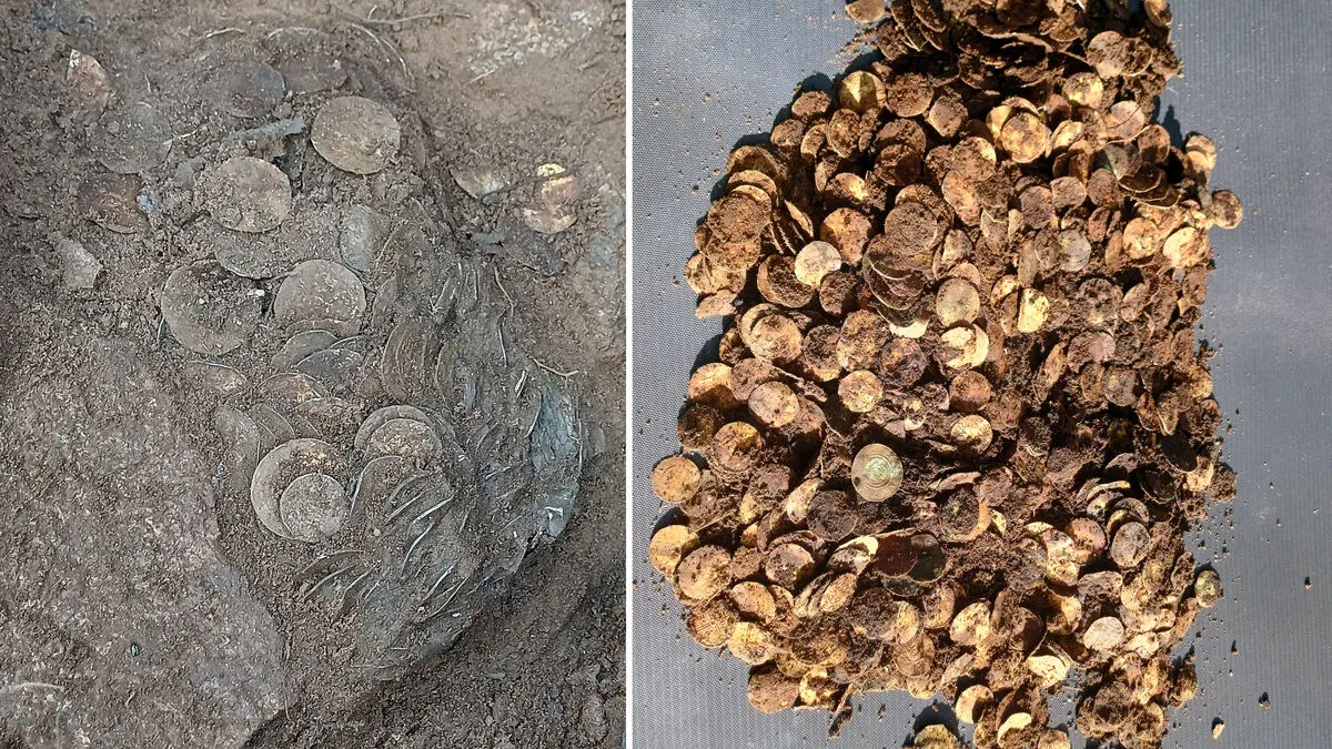 Viking Age silver hoard from Sysmä shown after recovery and inside its birch-bark container