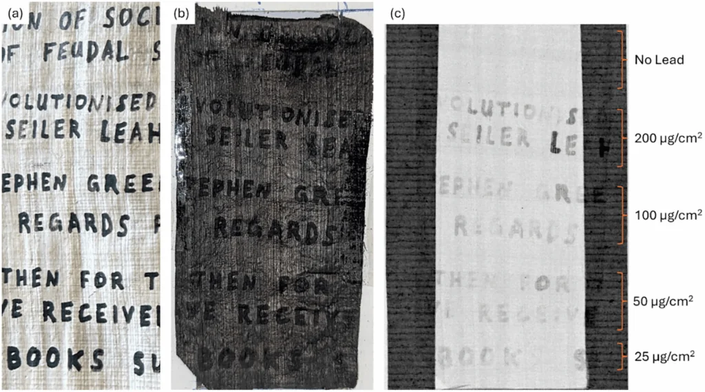 Leaded text on papyrus before carbonization, after carbonization and under X-ray imaging
