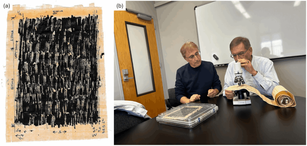 Papyrus ink-density calibration and researchers examining lead concentrations in the ink