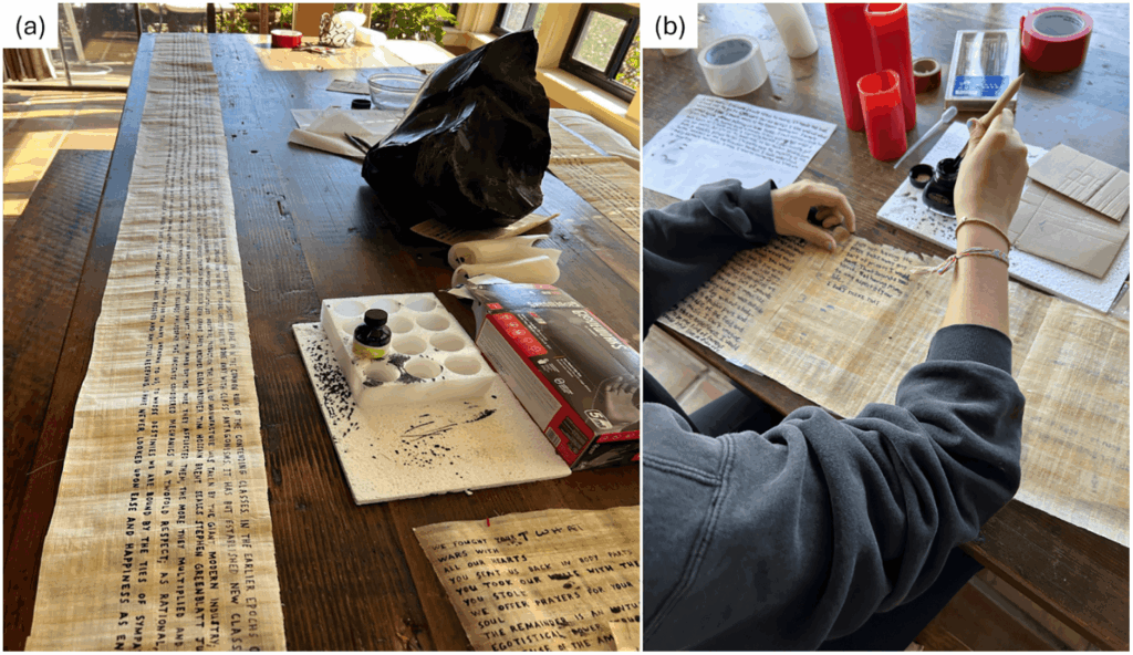 Modern papyrus scrolls being inscribed with inks containing different lead concentrations