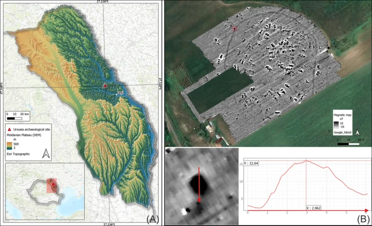 Map of the Ursoaia site in north-eastern Romania alongside a magnetic survey image showing the settlement plan and the kiln anomaly.