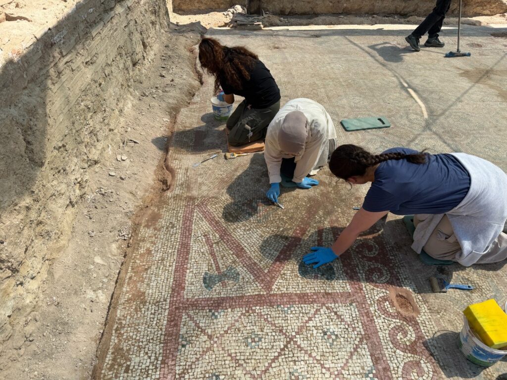 Archaeologists documenting the mosaic floor inside the Pompeiopolis basilica