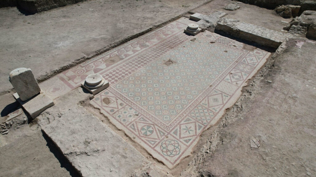 Geometric panels across the fourth-century mosaic uncovered at Pompeiopolis