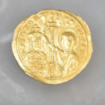 Gold Byzantine coin of John I Tzimiskes showing the emperor and the Virgin Mary.