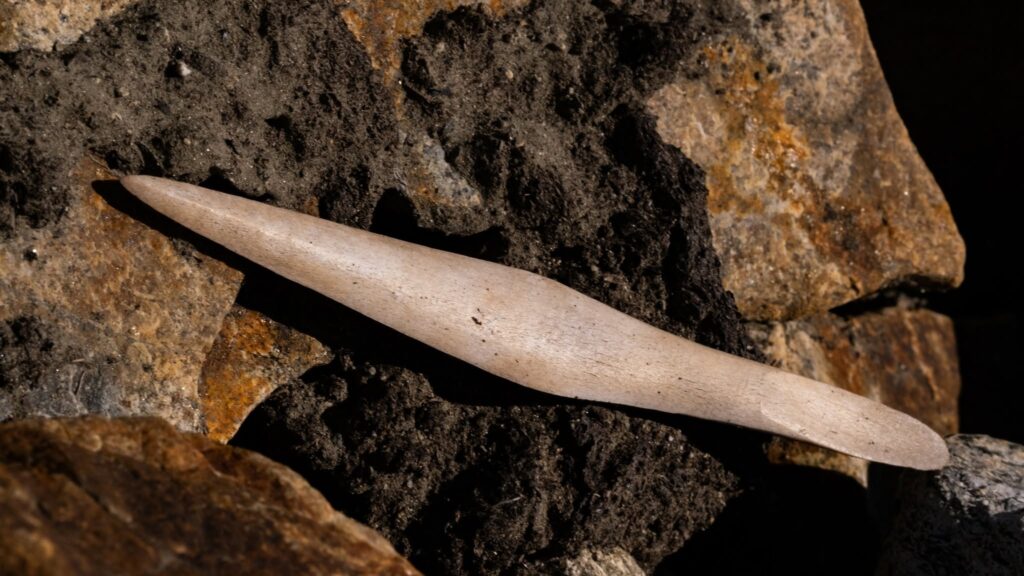 Close-up of an 1,800-year-old bone arrowhead resting among rocks in Norway.