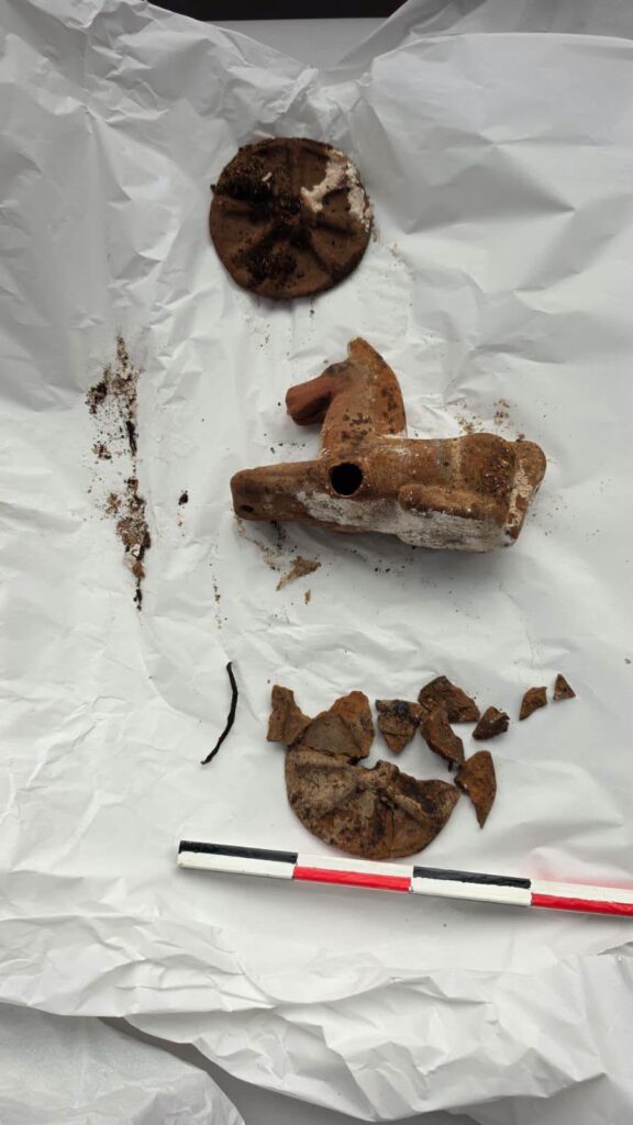 Ancient Roman terracotta horse toy and wheel found among the grave goods of a child buried at Tomis.