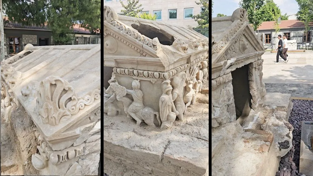 Three views showing the carved roof, decorative motifs, and damaged end of the Roman Amazon sarcophagus in Denizli, Türkiye.