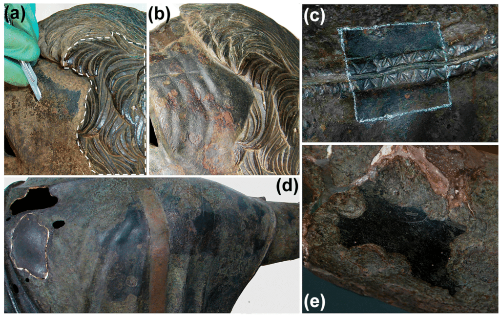 Five close-up photographs documenting conservation of the Etruscan Arringatore statue, including coating removal, clothing details, blackened bronze surfaces, and corrosion damage.