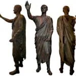 Three views of the ancient Etruscan bronze statue Arringatore of Pila, showing its raised arm, draped toga, and weathered surface.